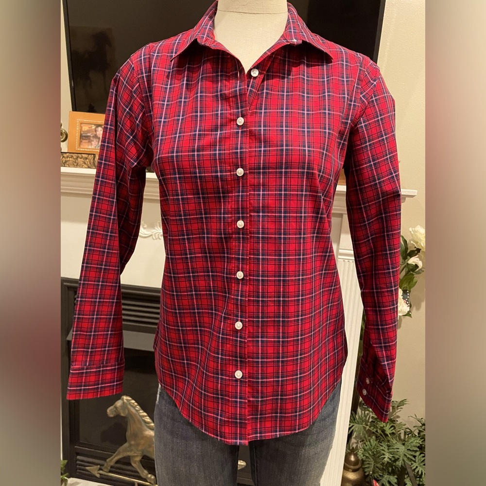 Lands End red plaid button down top 10P